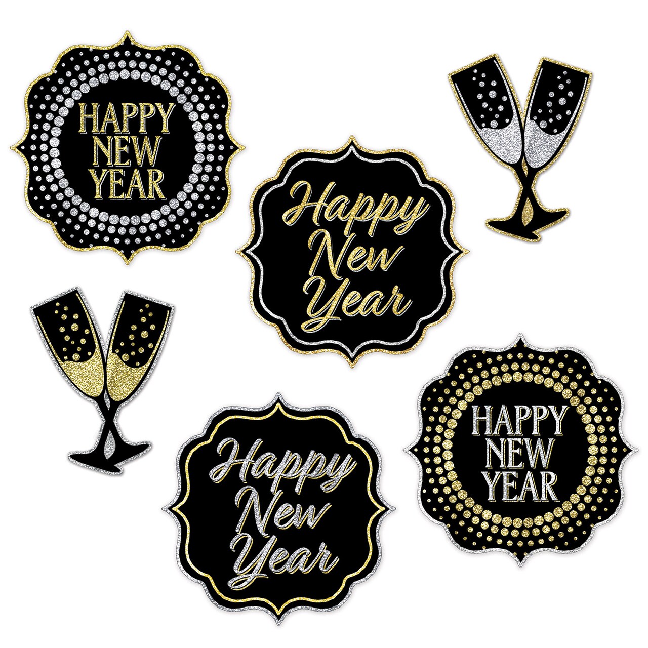 Beistle 7½in.-10in. Happy New Year Cutouts - Silver, Black and Golden - 12 Pack